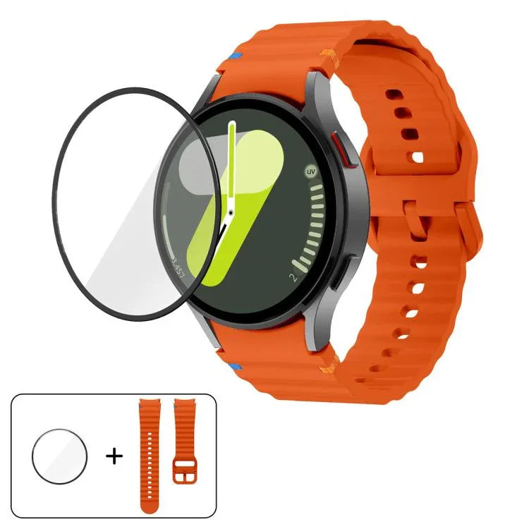 สายซิลิโคนเย็บลายคลื่นพร้อมฟิล์มโค้ง 3D สำหรับ Samsung Galaxy Watch4 Active 40mm, สำหรับ Samsung Galaxy Watch4 Active 44mm