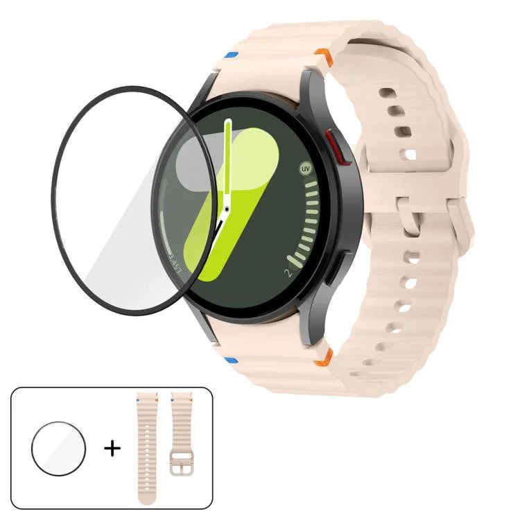 สายซิลิโคนเย็บลายคลื่นพร้อมฟิล์มโค้ง 3D สำหรับ Samsung Galaxy Watch4 Active 40mm, สำหรับ Samsung Galaxy Watch4 Active 44mm