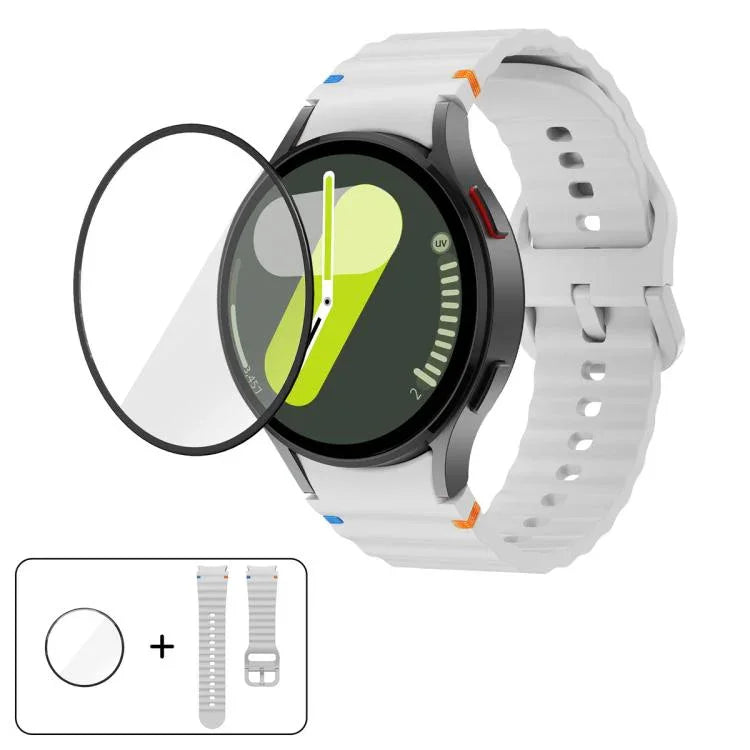 สายซิลิโคนเย็บลายคลื่นพร้อมฟิล์มโค้ง 3D สำหรับ Samsung Galaxy Watch4 Active 40mm, สำหรับ Samsung Galaxy Watch4 Active 44mm