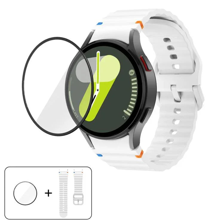 สายซิลิโคนเย็บลายคลื่นพร้อมฟิล์มโค้ง 3D สำหรับ Samsung Galaxy Watch4 Active 40mm, สำหรับ Samsung Galaxy Watch4 Active 44mm