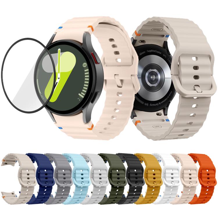 สายซิลิโคนเย็บลายคลื่นพร้อมฟิล์มโค้ง 3D สำหรับ Samsung Galaxy Watch5 Pro 45mm, สำหรับ Samsung Galaxy Watch5 40mm, สำหรับ Samsung Galaxy Watch4 44mm, สำหรับ Samsung Galaxy Watch4 40mm