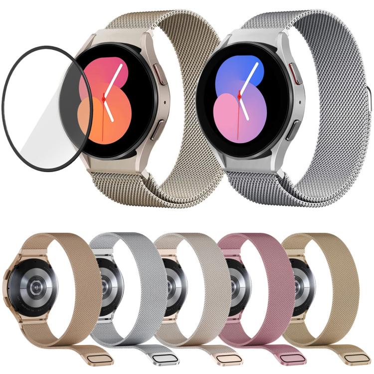 สายรัดนาฬิกาเหล็กสแตนเลสแม่เหล็กมิลานีสพร้อมฟิล์มโค้ง 3D สำหรับ Samsung Galaxy Watch6 Classic 43mm, สำหรับ Samsung Galaxy Watch5 44mm, สำหรับ Samsung Galaxy Watch5 Pro 45mm, สำหรับ Samsung Galaxy Watch5 40mm, สำหรับ Samsung Galaxy Watch4 44mm
