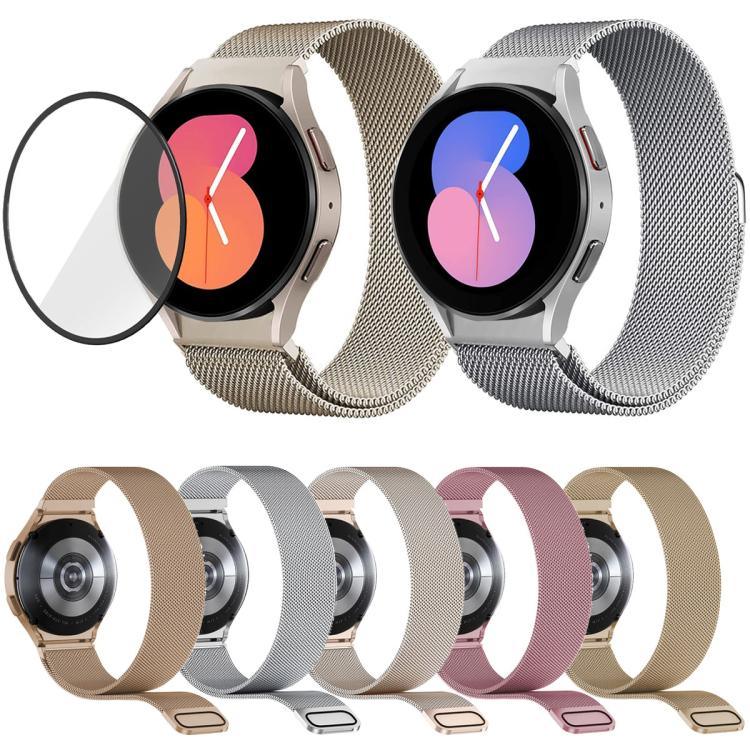 สายสแตนเลสสตีลแม่เหล็ก Milanese พร้อมฟิล์มโค้ง 3D สำหรับ Samsung Galaxy Watch4 Classic 46mm, สำหรับ Samsung Galaxy Watch4 Classic 42mm, สำหรับ Samsung Galaxy Watch5 Active 40mm, สำหรับ Samsung Galaxy Watch5 Active 44mm