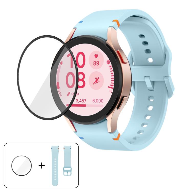 สายซิลิโคนเย็บเรียบพร้อมฟิล์มโค้ง 3D สำหรับ Samsung Galaxy Watch4 Classic 46mm, สำหรับ Samsung Galaxy Watch4 Classic 42mm, สำหรับ Samsung Galaxy Watch5 Active 40mm, สำหรับ Samsung Galaxy Watch5 Active 44mm