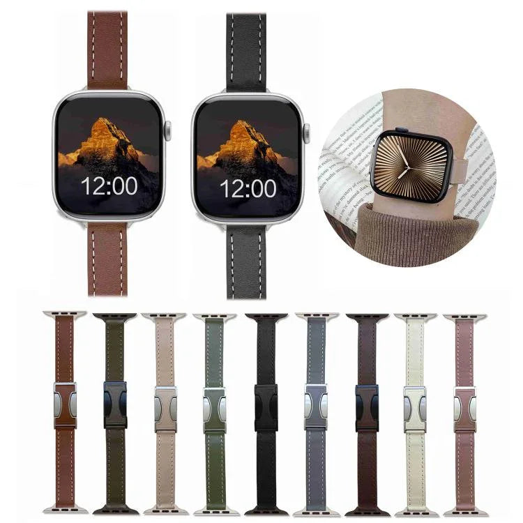 สายรัดนาฬิกาหนังแท้เรียบขนาด 14 มม. หัวเข็มขัดแม่เหล็ก สำหรับ Apple Watch ขนาด 46 มม. / 49 มม. / 45 มม. / 44 มม., สำหรับ Apple Watch ขนาด 42 มม. / 41 มม. / 40 มม. / 38 มม.