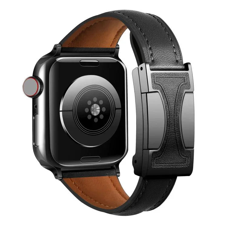 สายรัดนาฬิกาหนังแท้เรียบเอวเล็กหัวเข็มขัดแม่เหล็ก สำหรับ Apple Watch ขนาด 46 มม. / 49 มม. / 45 มม. / 44 มม., สำหรับ Apple Watch ขนาด 42 มม. / 41 มม. / 40 มม. / 38 มม.