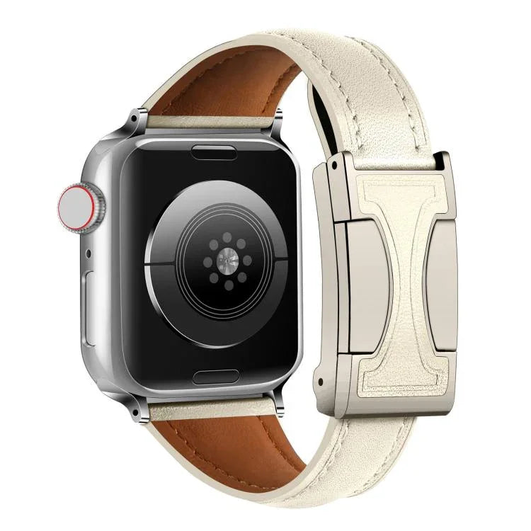 สายรัดนาฬิกาหนังแท้เรียบเอวเล็กหัวเข็มขัดแม่เหล็ก สำหรับ Apple Watch ขนาด 46 มม. / 49 มม. / 45 มม. / 44 มม., สำหรับ Apple Watch ขนาด 42 มม. / 41 มม. / 40 มม. / 38 มม.