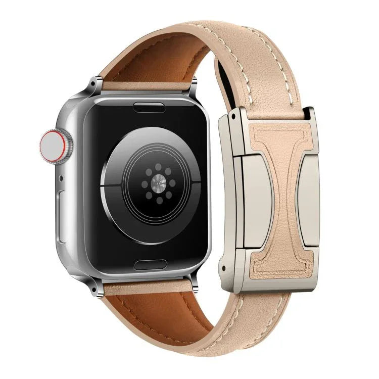 สายรัดนาฬิกาหนังแท้เรียบเอวเล็กหัวเข็มขัดแม่เหล็ก สำหรับ Apple Watch ขนาด 46 มม. / 49 มม. / 45 มม. / 44 มม., สำหรับ Apple Watch ขนาด 42 มม. / 41 มม. / 40 มม. / 38 มม.