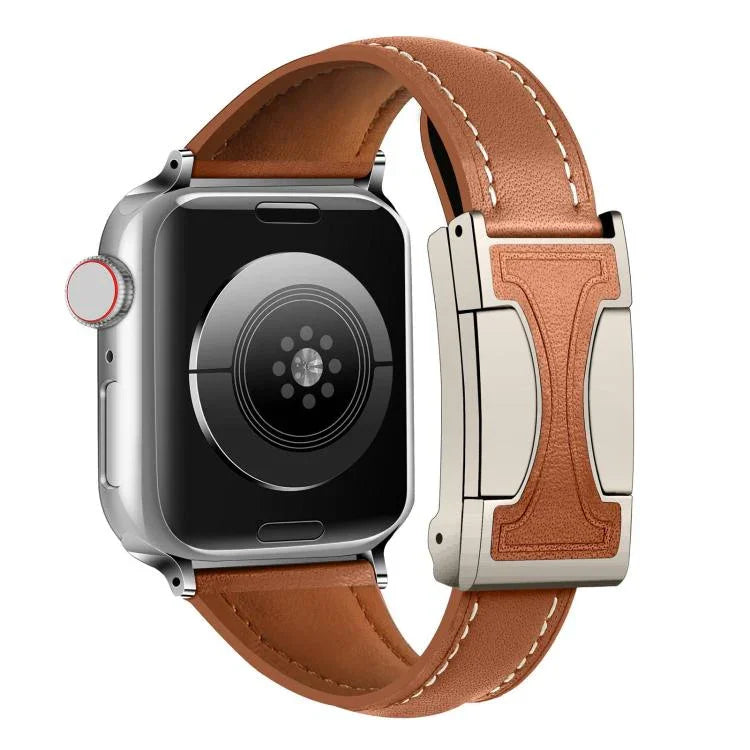 สายรัดนาฬิกาหนังแท้เรียบเอวเล็กหัวเข็มขัดแม่เหล็ก สำหรับ Apple Watch ขนาด 46 มม. / 49 มม. / 45 มม. / 44 มม., สำหรับ Apple Watch ขนาด 42 มม. / 41 มม. / 40 มม. / 38 มม.