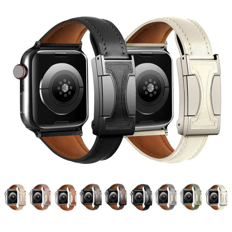 สายรัดนาฬิกาหนังแท้เรียบเอวเล็กหัวเข็มขัดแม่เหล็ก สำหรับ Apple Watch ขนาด 46 มม. / 49 มม. / 45 มม. / 44 มม., สำหรับ Apple Watch ขนาด 42 มม. / 41 มม. / 40 มม. / 38 มม.