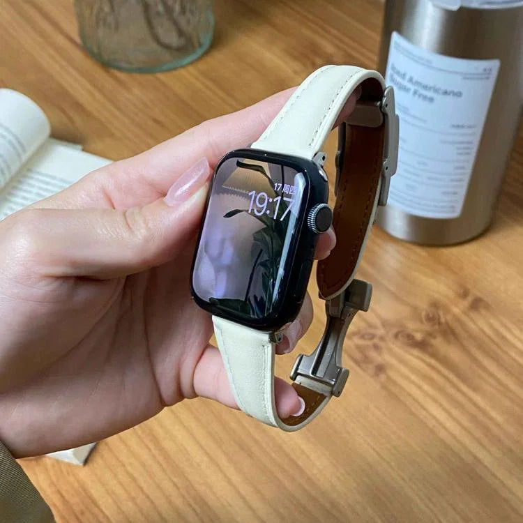 สายรัดนาฬิกาหนังแท้เรียบเอวเล็กหัวเข็มขัดแม่เหล็ก สำหรับ Apple Watch ขนาด 46 มม. / 49 มม. / 45 มม. / 44 มม., สำหรับ Apple Watch ขนาด 42 มม. / 41 มม. / 40 มม. / 38 มม.