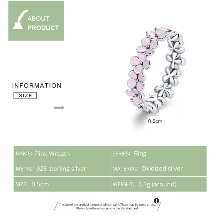 แหวนผู้หญิงวงพวงหรีดสีชมพูเงินสเตอร์ลิง S925, ขนาด 6, 7, 8
