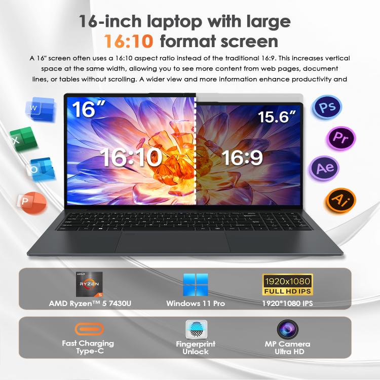 GXMO T160 แล็ปท็อป 16 นิ้ว Windows 11, 16GB+512GB, AMD Ryzen 5 7430U โปรเซสเซอร์ Hexa Core, ปลั๊ก EU, ปลั๊ก US, ปลั๊ก UK, ปลั๊ก AU