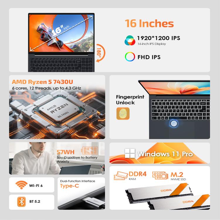 GXMO T160 แล็ปท็อป 16 นิ้ว Windows 11, 16GB+512GB, AMD Ryzen 5 7430U โปรเซสเซอร์ Hexa Core, ปลั๊ก EU, ปลั๊ก US, ปลั๊ก UK, ปลั๊ก AU