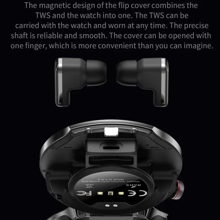 T100 สมาร์ทวอทช์หูฟังบลูทูธ 2 in 1 หน้าจอกลม 1.85 นิ้ว กันน้ำ IP67 รองรับการตรวจวัดออกซิเจนในเลือด