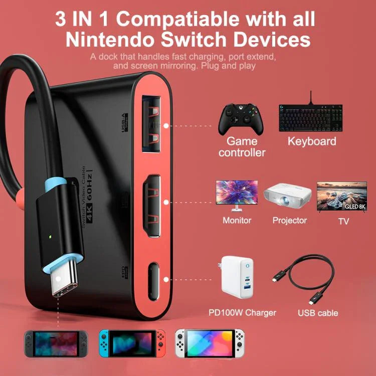 แท่นวางเดสก์ท็อป 3 in 1 Type-C เป็น HDMI + USB 3.0 + Type-C PD พอร์ตชาร์จ สำหรับ Nintendo Switch