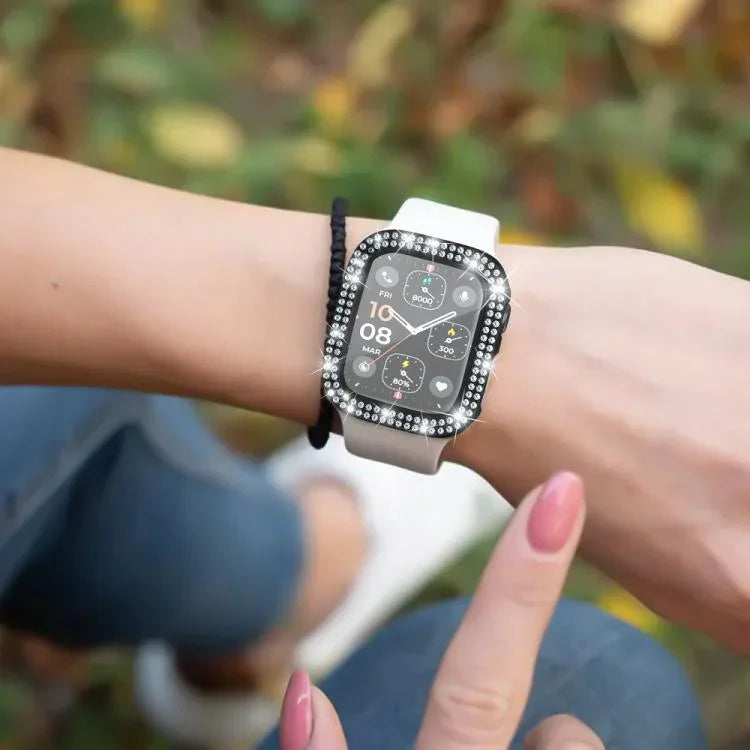 xDfind ฟิล์มกระจกนิรภัยรูปเพชรสองแถวแบบบูรณาการกับเคส PC สำหรับนาฬิกา Apple Watch Series 9 / 8 / 7 41 มม., สำหรับ Apple Watch Series 3 / 2 / 1 38 มม., สำหรับ Apple Watch Series 3 / 2 / 1 42 มม.