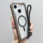 เคสโทรศัพท์โปร่งแสงแบบด้าน TPU Hybrid PC 3-in-1 MagSafe พร้อมสายรัดข้อมือ สำหรับ iPhone 15 Pro Max, สำหรับ iPhone 15 Pro, สำหรับ iPhone 15 Plus, สำหรับ iPhone 15, สำหรับ iPhone 14 Plus, สำหรับ iPhone 14, สำหรับ iPhone 14 Pro, สำหรับ iPhone 14 Pro Max