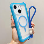เคสโทรศัพท์โปร่งแสงแบบด้าน TPU Hybrid PC 3-in-1 MagSafe พร้อมสายรัดข้อมือ สำหรับ iPhone 15 Pro Max, สำหรับ iPhone 15 Pro, สำหรับ iPhone 15 Plus, สำหรับ iPhone 15, สำหรับ iPhone 14 Plus, สำหรับ iPhone 14, สำหรับ iPhone 14 Pro, สำหรับ iPhone 14 Pro Max