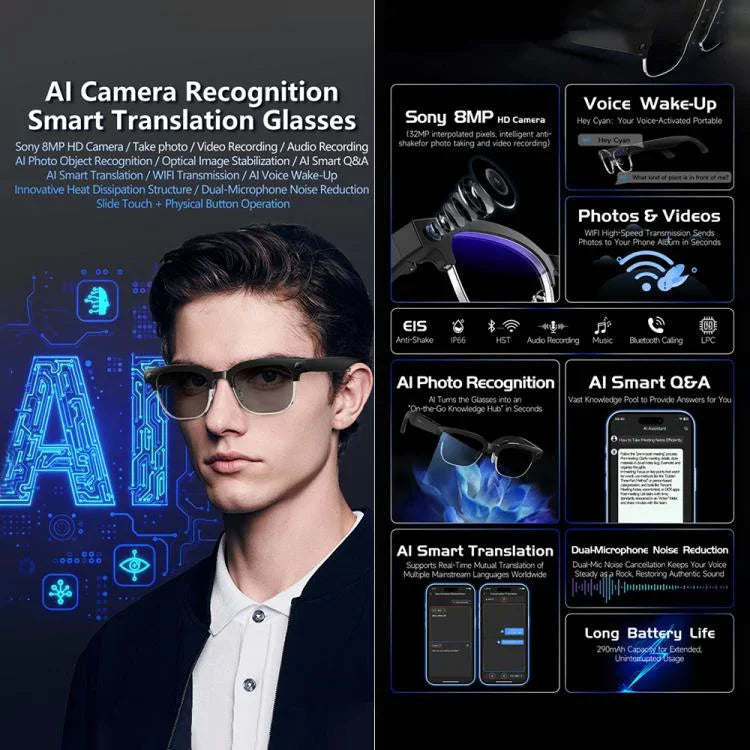 แว่นตาอัจฉริยะ W630 800W WiFi4 พร้อม AI จดจำภาพและแปลภาษา รองรับการโทรบลูทูธ