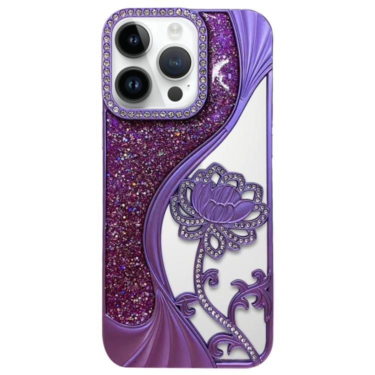 เคสโทรศัพท์ TPU ชุบไฟฟ้าลายดอกบัวแกะสลักกลวงประดับคริสตัลกลิตเตอร์ สำหรับ iPhone 12 Pro Max, สำหรับ iPhone 12 Pro, สำหรับ iPhone 11 Pro Max, สำหรับ iPhone 11