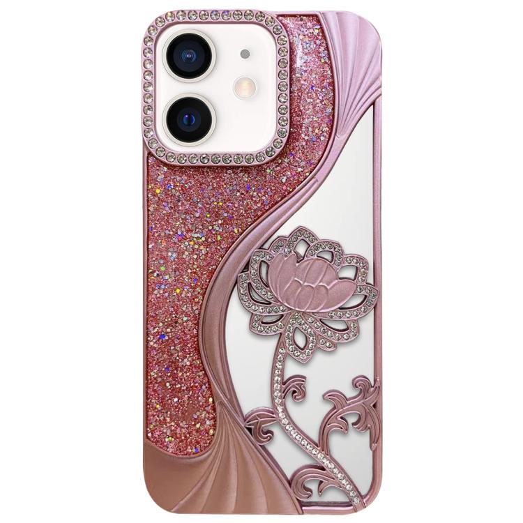 เคสโทรศัพท์ TPU ชุบไฟฟ้าลายดอกบัวแกะสลักกลวงประดับคริสตัลกลิตเตอร์ สำหรับ iPhone 12 Pro Max, สำหรับ iPhone 12 Pro, สำหรับ iPhone 11 Pro Max, สำหรับ iPhone 11