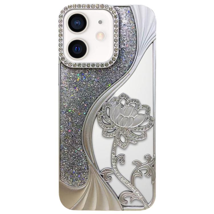 เคสโทรศัพท์ TPU ชุบไฟฟ้าลายดอกบัวแกะสลักกลวงประดับคริสตัลกลิตเตอร์ สำหรับ iPhone 12 Pro Max, สำหรับ iPhone 12 Pro, สำหรับ iPhone 11 Pro Max, สำหรับ iPhone 11