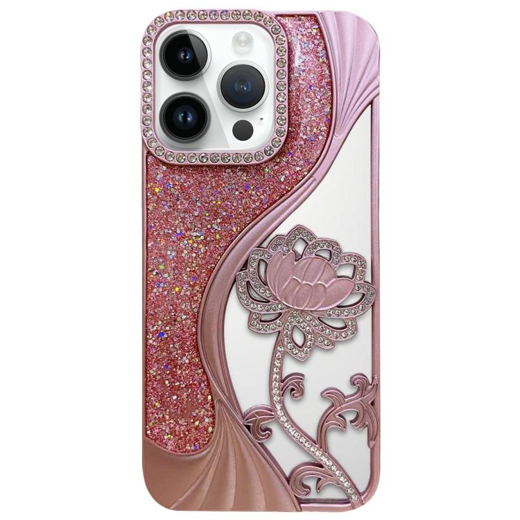 เคสโทรศัพท์ TPU ชุบไฟฟ้าลายดอกบัวแกะสลักกลวงประดับคริสตัลกลิตเตอร์ สำหรับ iPhone 12 Pro Max, สำหรับ iPhone 12 Pro, สำหรับ iPhone 11 Pro Max, สำหรับ iPhone 11