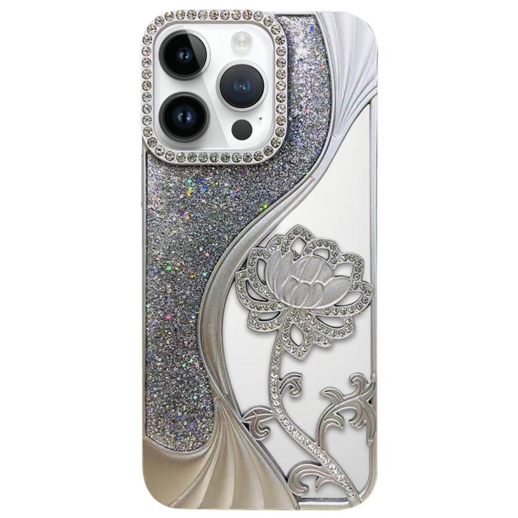 เคสโทรศัพท์ TPU ชุบไฟฟ้าลายดอกบัวแกะสลักกลวงประดับคริสตัลกลิตเตอร์ สำหรับ iPhone 12 Pro Max, สำหรับ iPhone 12 Pro, สำหรับ iPhone 11 Pro Max, สำหรับ iPhone 11