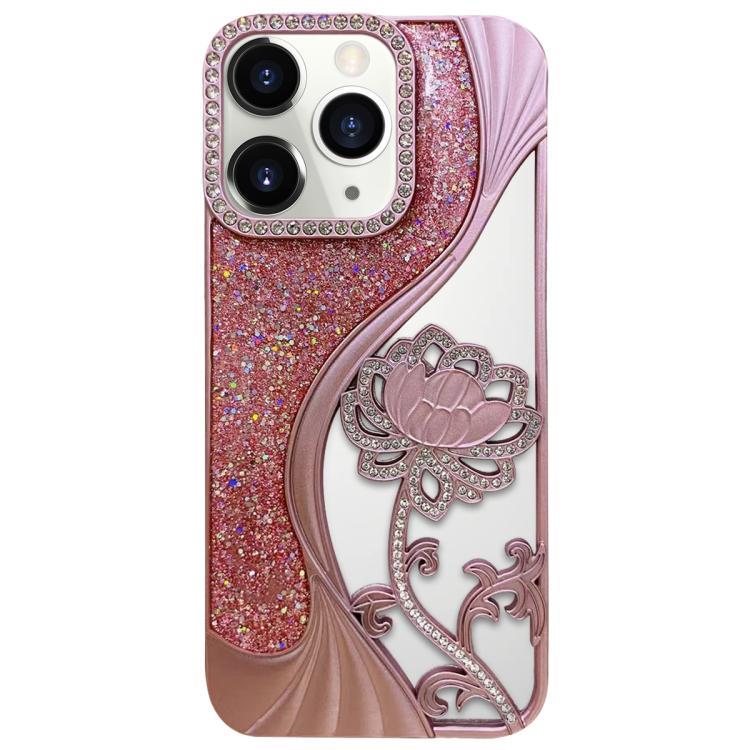 เคสโทรศัพท์ TPU ชุบไฟฟ้าลายดอกบัวแกะสลักกลวงประดับคริสตัลกลิตเตอร์ สำหรับ iPhone 12 Pro Max, สำหรับ iPhone 12 Pro, สำหรับ iPhone 11 Pro Max, สำหรับ iPhone 11
