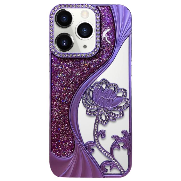 เคสโทรศัพท์ TPU ชุบไฟฟ้าลายดอกบัวแกะสลักกลวงประดับคริสตัลกลิตเตอร์ สำหรับ iPhone 12 Pro Max, สำหรับ iPhone 12 Pro, สำหรับ iPhone 11 Pro Max, สำหรับ iPhone 11