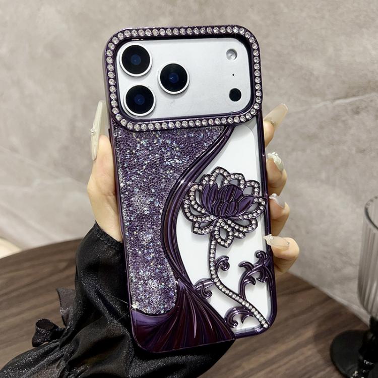 เคสโทรศัพท์ TPU ชุบไฟฟ้าลายดอกบัวแกะสลักกลวงประดับคริสตัลกลิตเตอร์ สำหรับ iPhone 17 Pro Max, สำหรับ iPhone 17 Pro, สำหรับ iPhone 17, สำหรับ iPhone 16 Pro Max, สำหรับ iPhone 16 Pro, สำหรับ iPhone 16, สำหรับ iPhone 15 Pro Max, สำหรับ iPhone 15 Pro