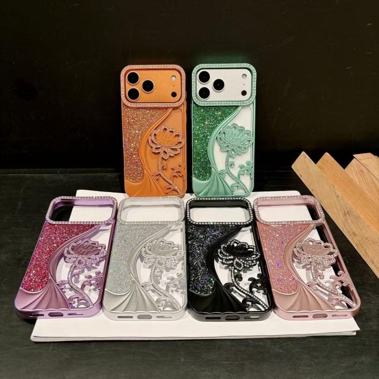 เคสโทรศัพท์ TPU ชุบไฟฟ้าลายดอกบัวแกะสลักกลวงประดับคริสตัลกลิตเตอร์ สำหรับ iPhone 15, สำหรับ iPhone 14, สำหรับ iPhone 14 Pro, สำหรับ iPhone 14 Pro Max, สำหรับ iPhone 13 Pro Max, สำหรับ iPhone 13 Pro, สำหรับ iPhone 13, สำหรับ iPhone 12