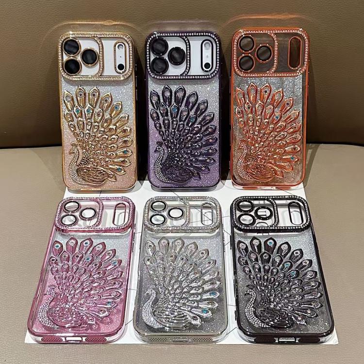 เคสโทรศัพท์ TPU ชุบไฟฟ้าลายไก่ฟ้าประดับคริสตัลกลิตเตอร์พร้อมฟิล์มเลนส์ สำหรับ iPhone 11
