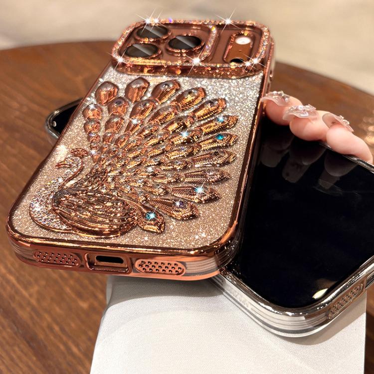 เคสโทรศัพท์ TPU ชุบไฟฟ้าลายไก่ฟ้าประดับคริสตัลกลิตเตอร์พร้อมฟิล์มเลนส์ สำหรับ iPhone 11