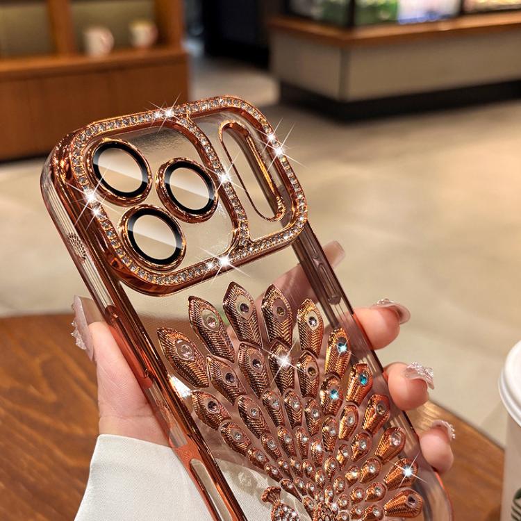 เคสโทรศัพท์ TPU ชุบไฟฟ้าลายไก่ฟ้าประดับคริสตัลกลิตเตอร์พร้อมฟิล์มเลนส์ สำหรับ iPhone 11