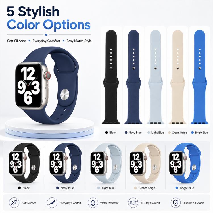 ชุด 5 ชิ้น xDfind สายนาฬิกากีฬาแบบซิลิโคนสีพื้น สำหรับ Apple Watch 42 / 44 / 45 / 46 / 49 มม., สำหรับ Apple Watch 38 / 40 / 41 / S11 42 มม.