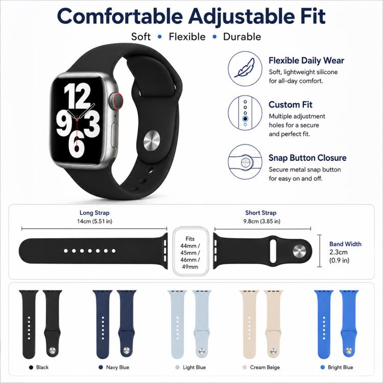 ชุด 5 ชิ้น xDfind สายนาฬิกากีฬาแบบซิลิโคนสีพื้น สำหรับ Apple Watch 42 / 44 / 45 / 46 / 49 มม., สำหรับ Apple Watch 38 / 40 / 41 / S11 42 มม.