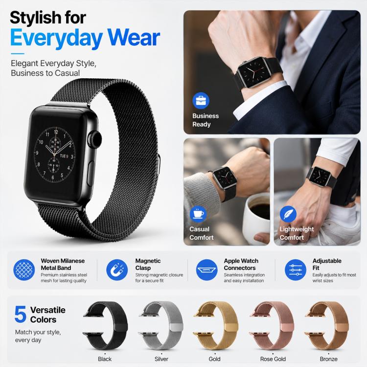 ชุด 5 ชิ้น xDfind สายนาฬิกาโลหะแบบ Milanese Loop แบบแม่เหล็ก สำหรับ Apple Watch 42 / 44 / 45 / 46 / 49 มม., สำหรับ Apple Watch 38 / 40 / 41 / S11 42 มม.
