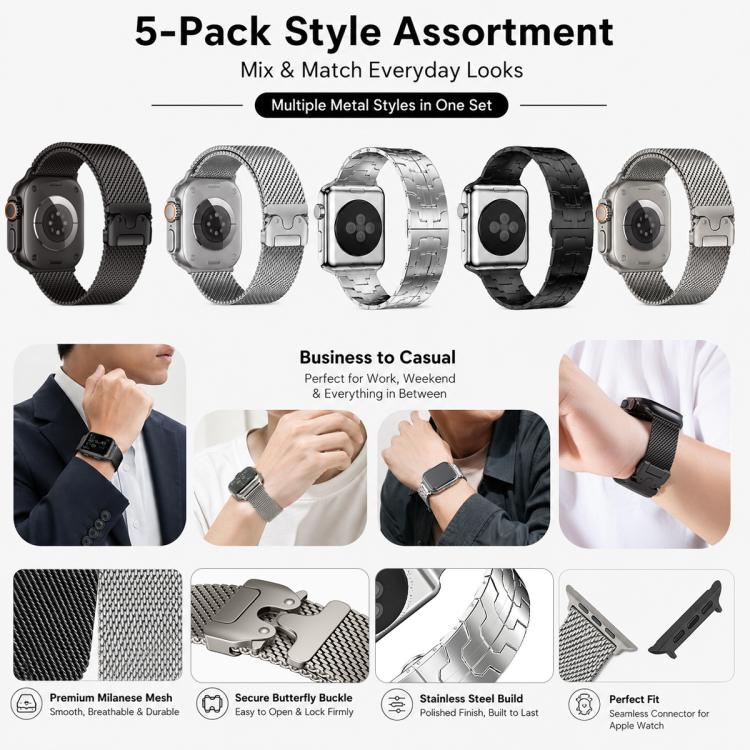 ชุด 5 ชิ้น xDfind สายนาฬิกาผสม Milanese หัวเข็มขัดร่ม + หัวเข็มขัดผีเสื้อ สำหรับ Apple Watch 42 / 44 / 45 / 46 / 49 มม., สำหรับ Apple Watch 38 / 40 / 41 / S11 42 มม.