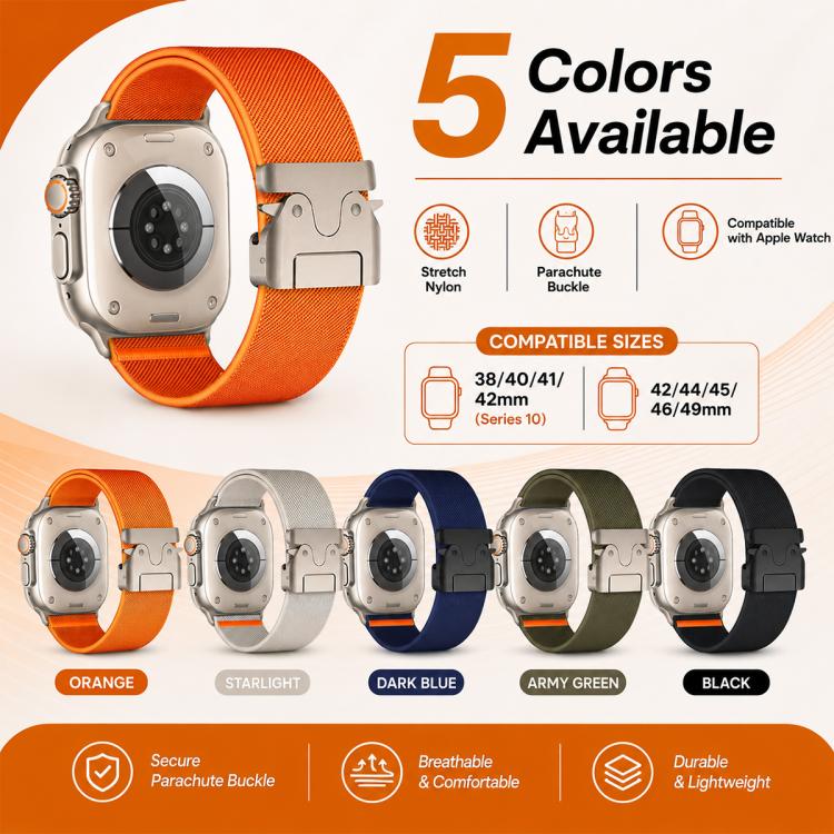 ชุด 5 ชิ้น xDfind สายนาฬิกาไนลอนยืดหยุ่นหัวเข็มขัดร่ม สำหรับ Apple Watch 42 / 44 / 45 / 46 / 49 มม., สำหรับ Apple Watch 38 / 40 / 41 / S11 42 มม.