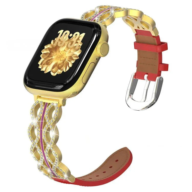 xDfind สายนาฬิกาหนังแท้ไฮบริดสแตนเลสสตีลประดับเพชร สำหรับ Apple Watch 38 / 40 / 41 / S11 42 มม.
