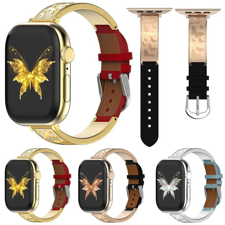 xDfind สายนาฬิกาหนังแท้ไฮบริดสแตนเลสสตีลหัวเข็มขัดผีเสื้อ สำหรับ Apple Watch 42 / 44 / 45 / 46 / 49 มม., สำหรับ Apple Watch 38 / 40 / 41 / S11 42 มม.