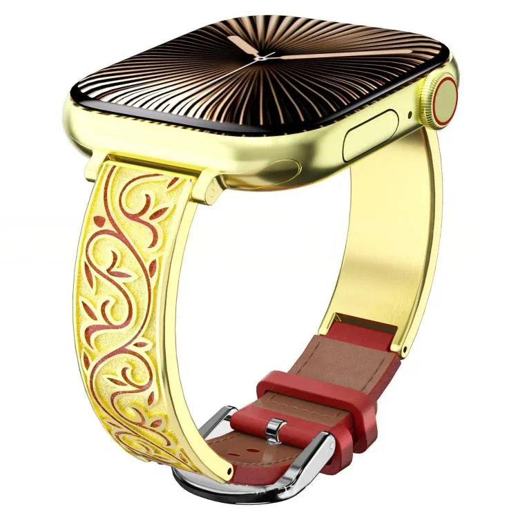xDfind สายนาฬิกาหนังแท้ไฮบริดสแตนเลสสตีลแกะสลักลายดอกไม้ย้อนยุค สำหรับ Apple Watch 38 / 40 / 41 / S11 42 มม.