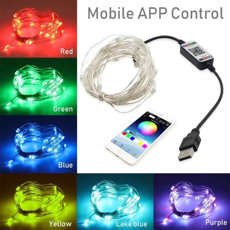 ไฟสายทองแดง LED RGB USB ควบคุมผ่านแอปมือถือ Bluetooth สำหรับตกแต่งวันหยุด, 2m 20 ดวง, 5m 50 ดวง, 10m 100 ดวง, 12m 120 ดวง, 15m 150 ดวง, 20m 200 ดวง