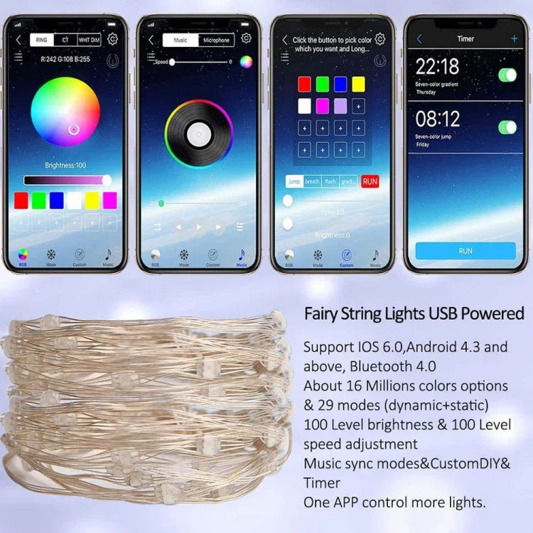 ไฟสายทองแดง LED RGB USB ควบคุมผ่านแอปมือถือ Bluetooth สำหรับตกแต่งวันหยุด, 2m 20 ดวง, 5m 50 ดวง, 10m 100 ดวง, 12m 120 ดวง, 15m 150 ดวง, 20m 200 ดวง