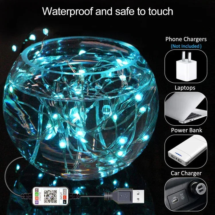 ไฟสายทองแดง LED RGB USB ควบคุมผ่านแอปมือถือ Bluetooth สำหรับตกแต่งวันหยุด, 2m 20 ดวง, 5m 50 ดวง, 10m 100 ดวง, 12m 120 ดวง, 15m 150 ดวง, 20m 200 ดวง