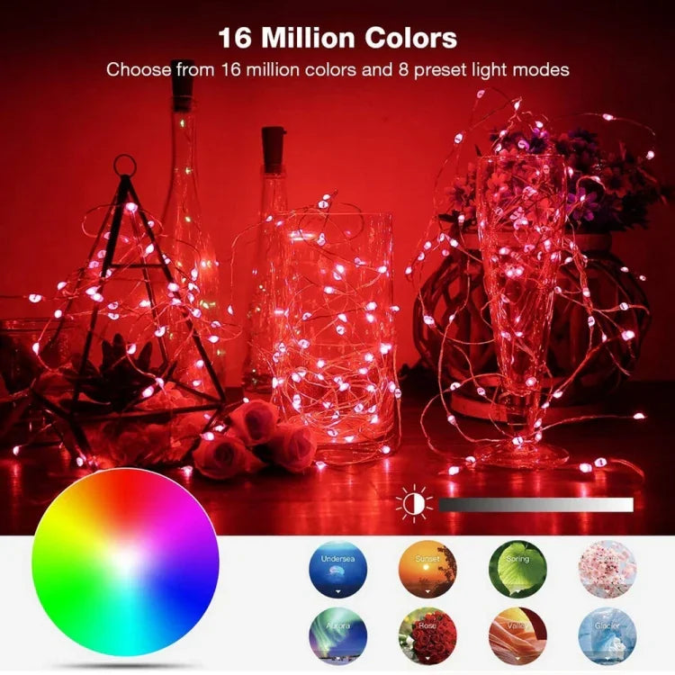ไฟสายทองแดง LED RGB USB ควบคุมผ่านแอปมือถือ Bluetooth สำหรับตกแต่งวันหยุด, 2m 20 ดวง, 5m 50 ดวง, 10m 100 ดวง, 12m 120 ดวง, 15m 150 ดวง, 20m 200 ดวง