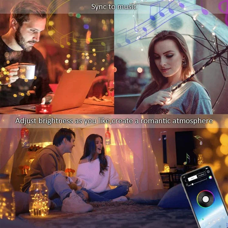 ไฟสายทองแดง LED RGB USB ควบคุมผ่านแอปมือถือ Bluetooth สำหรับตกแต่งวันหยุด, 2m 20 ดวง, 5m 50 ดวง, 10m 100 ดวง, 12m 120 ดวง, 15m 150 ดวง, 20m 200 ดวง