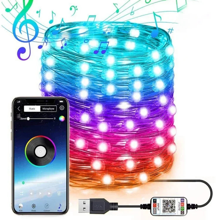 ไฟสายทองแดง LED RGB USB ควบคุมผ่านแอปมือถือ Bluetooth สำหรับตกแต่งวันหยุด, 2m 20 ดวง, 5m 50 ดวง, 10m 100 ดวง, 12m 120 ดวง, 15m 150 ดวง, 20m 200 ดวง